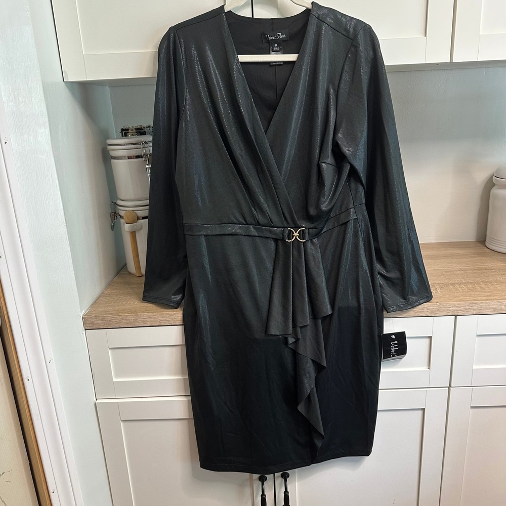 Womens Long Sleeve Faux Wrap Dress US‎ 14 Black Shimmer Ruffle Evening Wedding